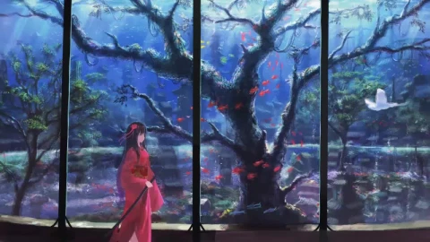 Samurai Anime Girl In The Underwater Garden HD Live Wallpaper For PC - Free Live Wallpaper