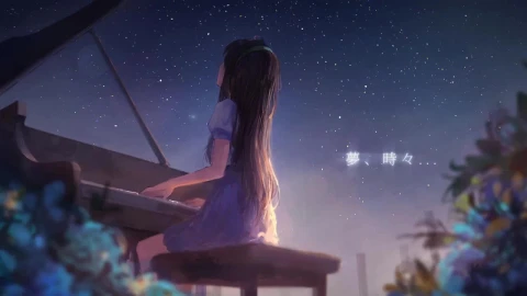 Anime Girl Playing Piano Starry Night Sky With Fireworks HD Live Wallpaper For PC - Free Live Wallpaper