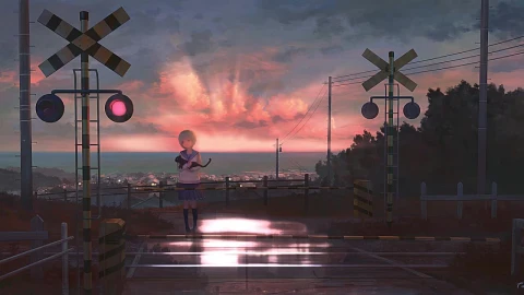 Anime Girl And Cat Waiting For Train In The Sunset HD Live Wallpaper For PC - Free Live Wallpaper