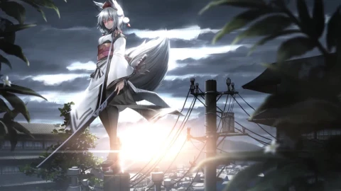 Anime Wolf Girl Holding Katana Standing On Electric Pole HD Live Wallpaper For PC - Free Live Wallpaper