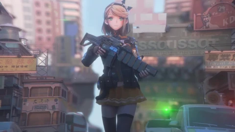 Anime Girl Walking On The Street With A Gun HD Live Wallpaper For PC - Free Live Wallpaper