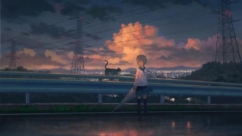 Anime Girl And Black Cat In The Rain HD Live Wallpaper For PC - Free Live Wallpaper