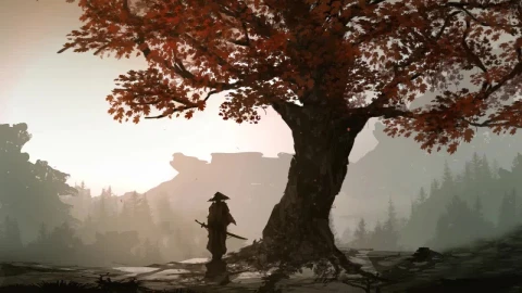 Lonely Samurai Standing Near Autumn Tree HD Live Wallpaper For PC - Free Live Wallpaper