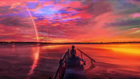 Anime Girl Sitting On The Bridge Watching The Sunset HD Live Wallpaper For PC - Free Live Wallpaper