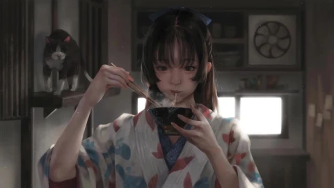 Japanese Girl Eating Ramen HD Live Wallpaper For PC - Free Live Wallpaper