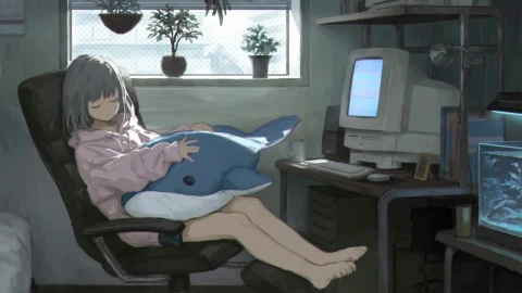 Anime Girl Hugging Stuffed Whale While Sleeping HD Live Wallpaper For PC - Free Live Wallpaper