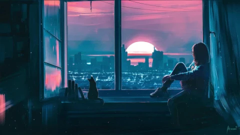 Girl Looking At The Sunrise Over The City By The Window HD Live Wallpaper For PC - Free Live Wallpaper