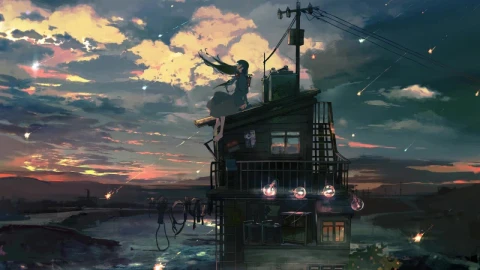 Anime Girl Sitting On The Roof And Looking At The Sky HD Live Wallpaper For PC - Free Live Wallpaper