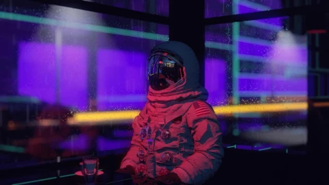 Astronaut Sitting In A Cafe While Its Raining Outside HD Live Wallpaper For PC - Free Live Wallpaper
