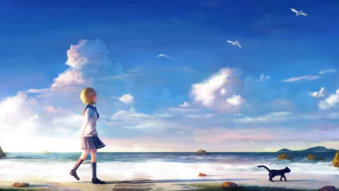 Anime Girl Walking On The Beach With A Cat HD Live Wallpaper For PC - Free Live Wallpaper