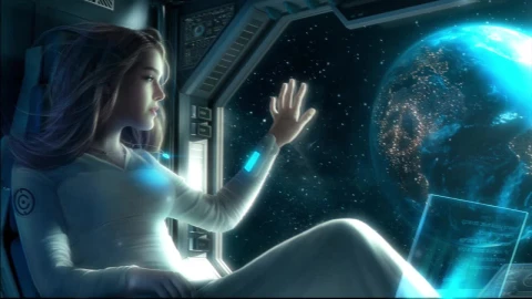 Girl Sitting In Space Station Looking At Planet Starfield HD Live Wallpaper For PC - Free Live Wallpaper