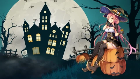 Anime Girl Sitting On Halloween Pumpkin HD Live Wallpaper For PC - Free Live Wallpaper
