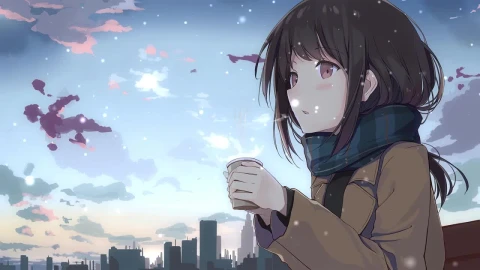 Anime Girl Drinking Coffee In Winter HD Live Wallpaper For PC - Free Live Wallpaper