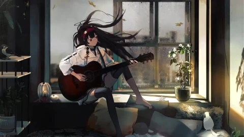 Anime Girl Playing Guitar While Its Raining Outside HD Live Wallpaper For PC - Free Live Wallpaper