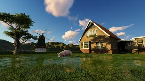 Stock Video 3d farm with a pig a mill a house and PC Live Wallpaper - Free Live Wallpaper
