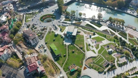 Stock Video Aerial View Of A Roundabout A Bridge And A River Live Wallpaper for PC - Free Live Wallpaper