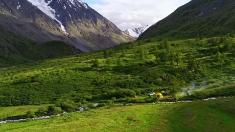 Stock Video Aerial View Of Campsite On Creek In Mountain Valley Live Wallpaper for PC - Free Live Wallpaper