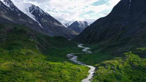 Stock Video Aerial View Of Lush River Valley And Snowy Mountains Live Wallpaper for PC - Free Live Wallpaper