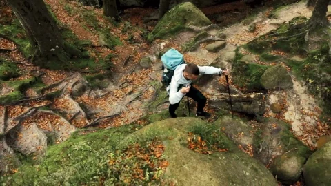 Stock Video Aerial View Of Man Climbing Mossy Rocks On Hike Live Wallpaper for PC - Free Live Wallpaper