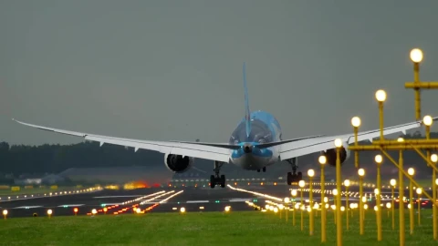 Stock Video Airplane Landing In Illuminated Airport Tracks Live Wallpaper For PC - Free Live Wallpaper