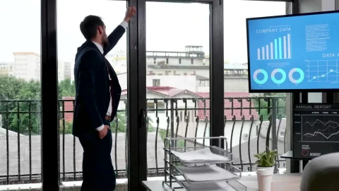 Stock Video Business Man Thinks In Modern Office With Screen Views Live Wallpaper For PC - Free Live Wallpaper
