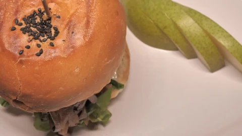 Stock Video Burger And A Sliced Pear On A Plate Live Wallpaper For PC - Free Live Wallpaper