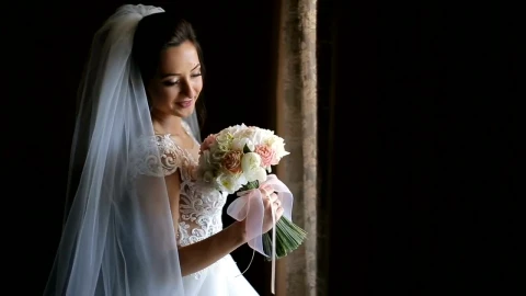 Stock Video Bride In Wedding Dress Holding Flower Bouquet On Black Background Live Wallpaper For PC - Free Live Wallpaper
