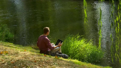Stock Video Boy Working Relaxed On The Bank Of A River Live Wallpaper For PC - Free Live Wallpaper