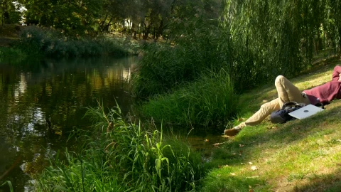 Stock Video Boy On A Computer On The Shore Of A River Live Wallpaper For PC - Free Live Wallpaper