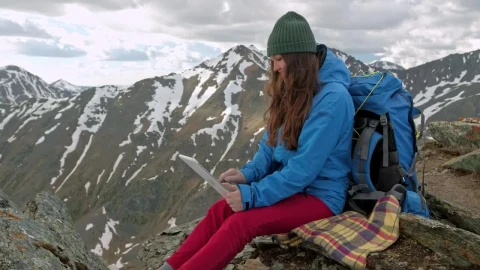 Video Stock Climber Using Her Tablet In The Mountains Live Wallpaper For PC - Free Live Wallpaper