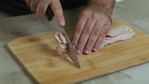 Video Stock Chef Chopping Bacon On A Board Live Wallpaper For PC - Free Live Wallpaper