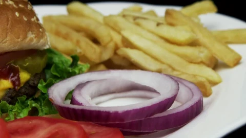 Video Stock Cheeseburger With Onion Salad And Fries Live Wallpaper For PC - Free Live Wallpaper
