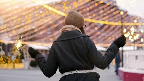 Video Stock Cheerful Girl Holding Sparklers On A Cold Day At Christmas Live Wallpaper For PC - Free Live Wallpaper