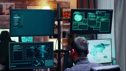 Video Stock Busy Hackers Talk Between Data Visualisations On Monitors Live Wallpaper For PC - Free Live Wallpaper