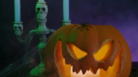 Stock Video Decorated For Halloween With A Pumpkin Spiders Smoke And Candles Live Wallpaper For PC - Free Live Wallpaper