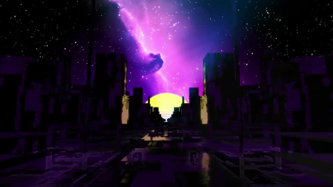 Stock Video Cyberpunk Virtual City At Night With Galaxy In The Background Live Wallpaper For PC - Free Live Wallpaper