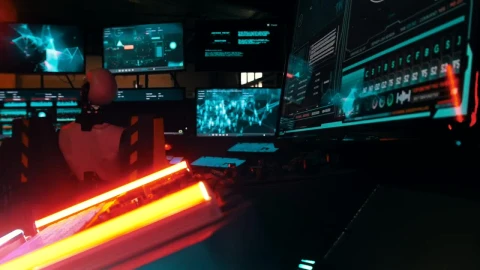 Stock Video Cyberpunk Robot In A Data Center Looking At Monitors Live Wallpaper For PC - Free Live Wallpaper