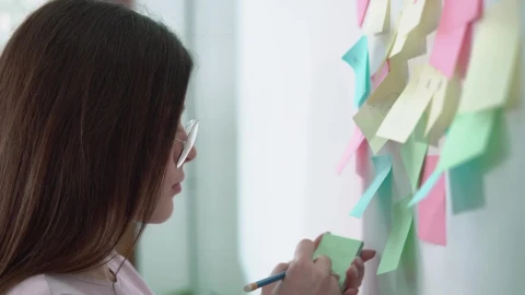 Stock Video Creative Woman Writing Ideas On Sticky Notes For Marketing Project Live Wallpaper For PC - Free Live Wallpaper