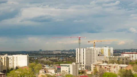 Stock Video Cranes Working On A Building Under Construction Live Wallpaper For PC - Free Live Wallpaper