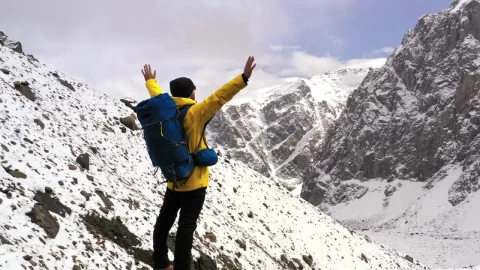 Stock Video Courageous Hiker Spreads Arms Over Mountain Summit Live Wallpaper For PC - Free Live Wallpaper