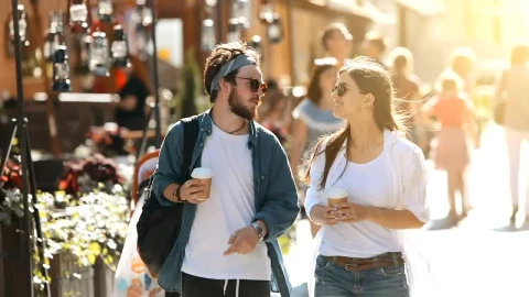 Stock Video Couple Stroll Down Sunny Street With Coffee Live Wallpaper For PC - Free Live Wallpaper