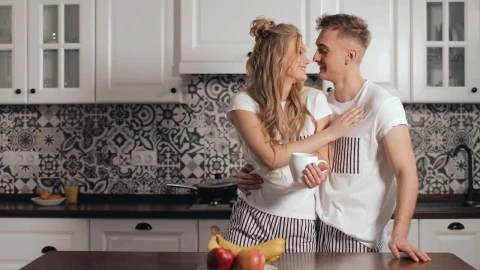 Stock Video Couple Share Romantic Moment In Kitchen Live Wallpaper For PC - Free Live Wallpaper