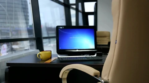 Stock Video Computer And Yellow Cup Near The Window Office Live Wallpaper For PC - Free Live Wallpaper