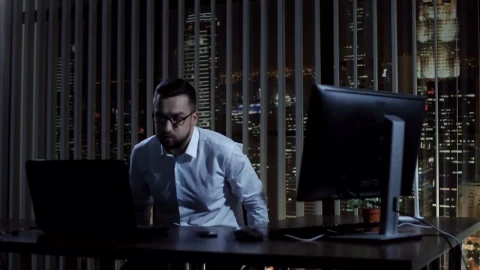 Stock Video Exhausted Worker Having A Break Late At Night Live Wallpaper For PC - Free Live Wallpaper