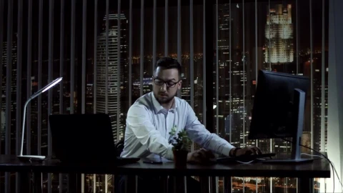 Stock Video Excited Man In The Office At Night Live Wallpaper For PC - Free Live Wallpaper