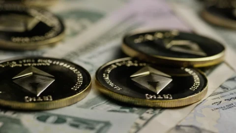 Stock Video Ethereum Golden Coins Over Dollar Bills Live Wallpaper For PC - Free Live Wallpaper