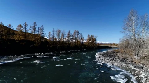 Stock Video Drone Flying Over Winter River Towards Mountains Live Wallpaper For PC - Free Live Wallpaper