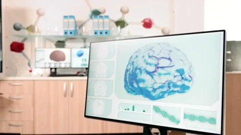 Stock Video Doctor Studies Dna Models In Futuristic Medical Office Live Wallpaper For PC - Free Live Wallpaper