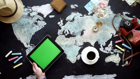 Stock Video Flatlay Of Money Travel Items And Hand Swiping Tablet Live Wallpaper For PC - Free Live Wallpaper