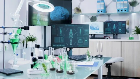 Stock Video Futuristic Diagrams Of Dna Scans In Modern Lab Live Wallpaper For PC - Free Live Wallpaper